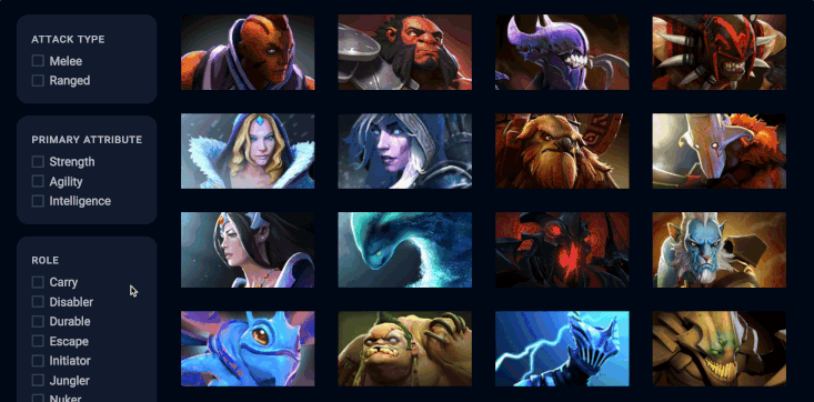 Shows all heroes when no filters are checked.